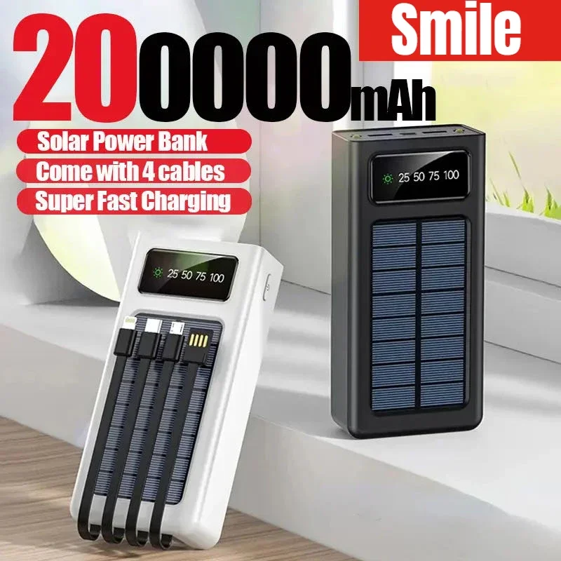 

500000mAh Power Bank Built in 4 Cable Portable External Battery Charger White Powerbank For Xiaomi Samsung iPhone Led Bank Black