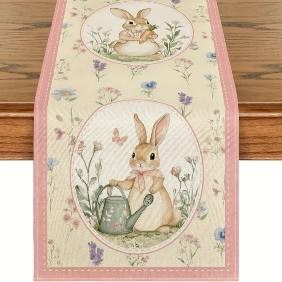 Bunny Rabbit Kettle Floral Easter Table Runner - Seasonal Spring Home Kitchen Dining Party Decor