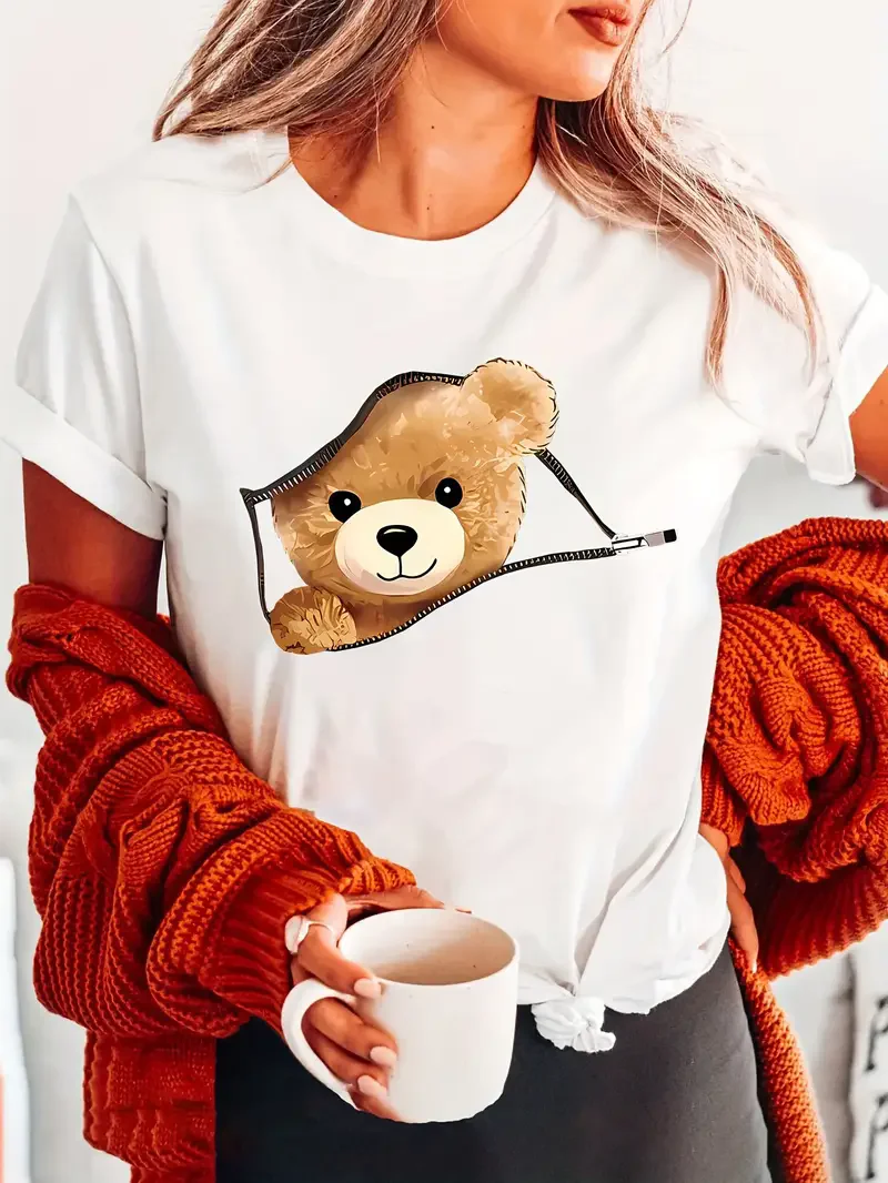 100% Cotton Cute Bear Print Streetwear T-Shirts Female T Shirts Egirl Korean Fashion Graphic Tees Tops Women Clothing