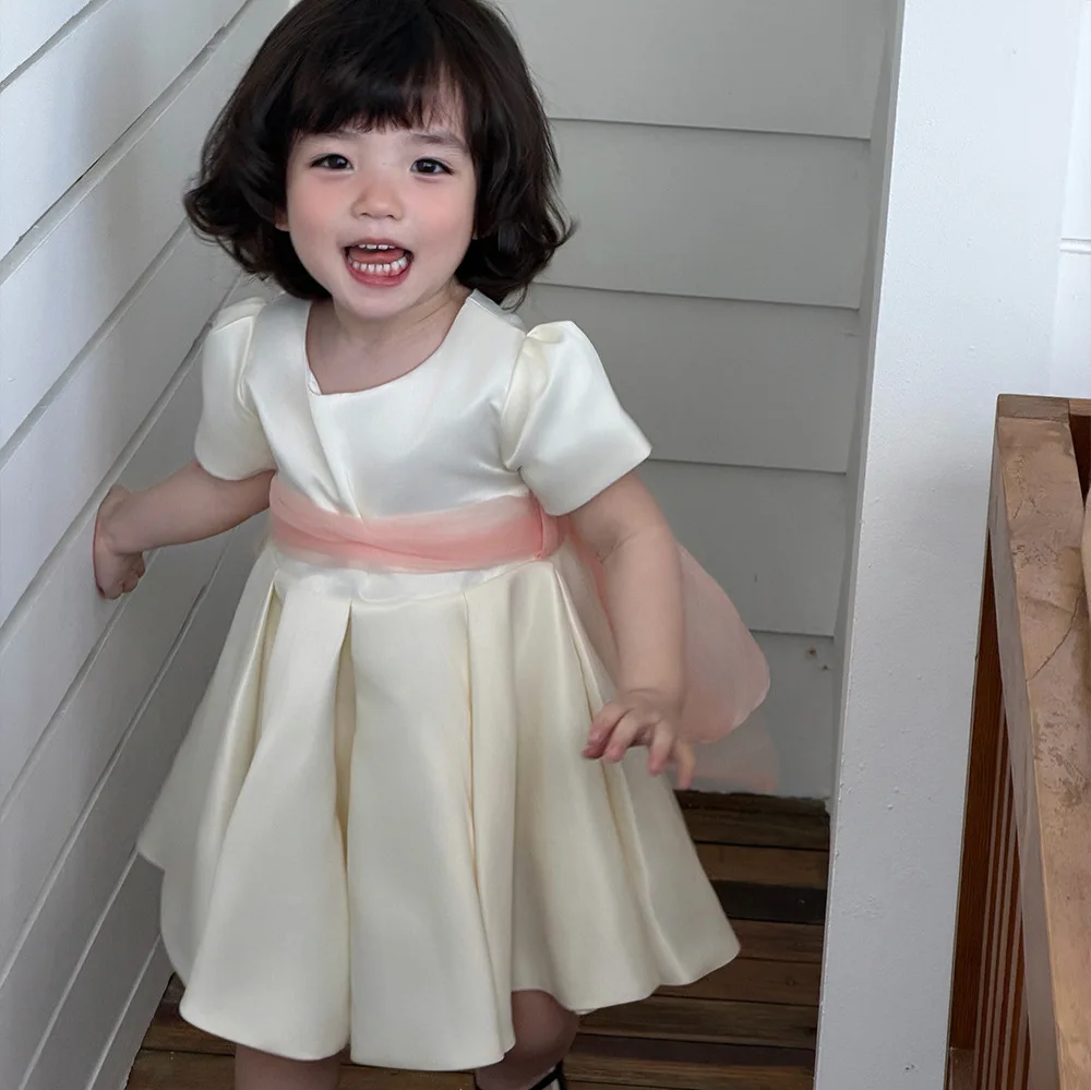 Girls White Dress Summer Baby Girls First Birthday Party Princess Children Performance Fairy Fluffy Dress