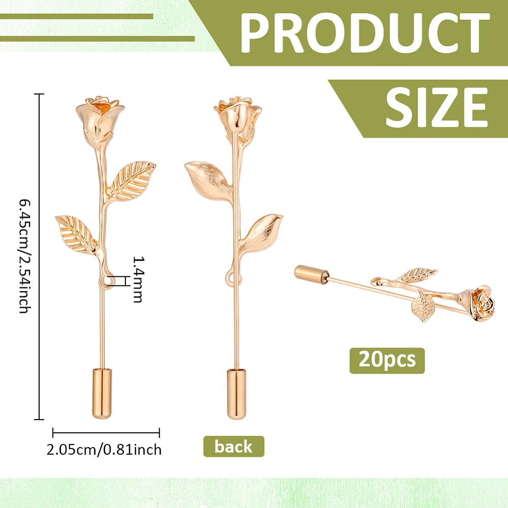 20PCS Rose Lapel Pins 2.56inch Flower Stick Pin Needle Brooches Blossom Rose with Leaves Boutonniere Pins Bouquet Stick Brooch