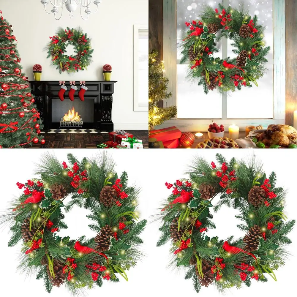 

Большой 24-кратный рождественский венок с птицами, сосновыми шишками и светодиодными фонарями на батарейках для наружного праздничного декора дверей