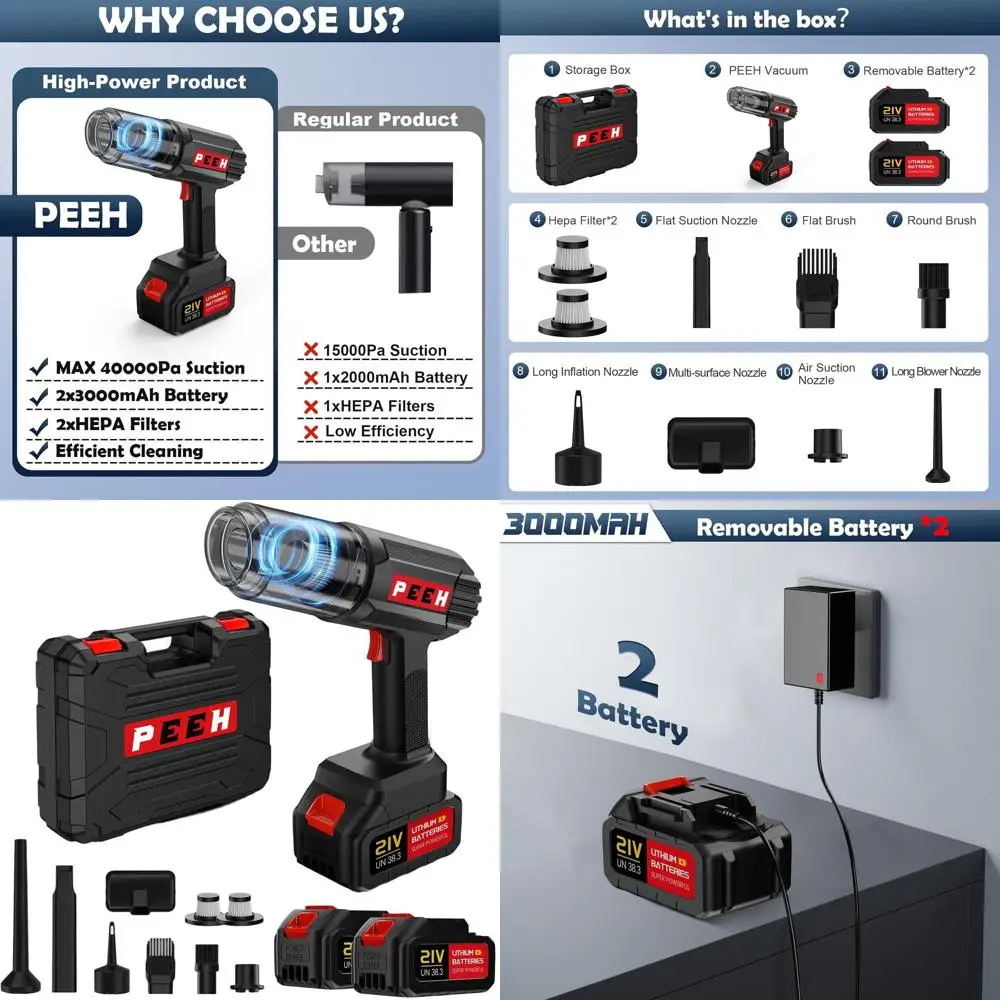 

Портативный перезаряжаемый пылесос, 60 минут работы, высокая мощность для дома, автомобиля, шерсти животных и детальной уборки