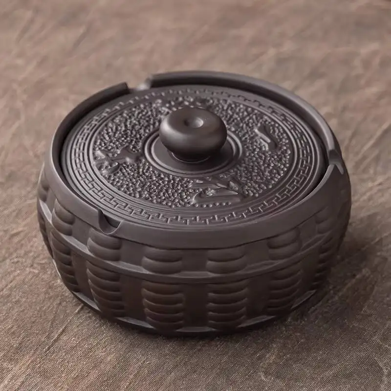 Creative Purple Clay Ashtray For Home, Living Room, Office, Retro Style, High-end, Ceramic Dust-proof, With Lid, Storage Box