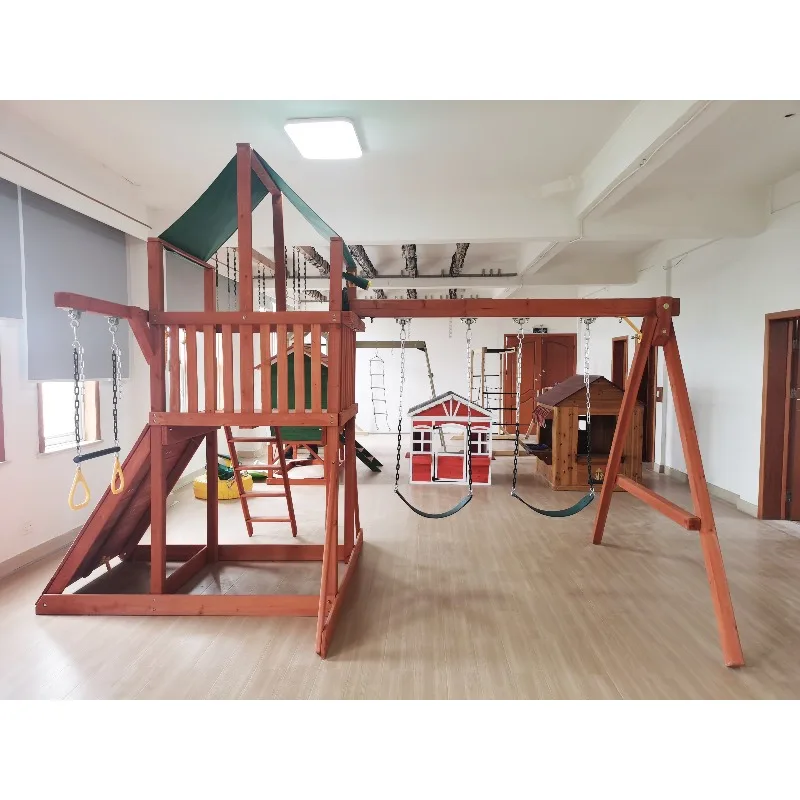 مجموعات أرجوحة وشرائح خشبية للأطفال في ملعب للبيع في الفناء في الهواء الطلق إطار تسلق خشبي مجموعة أرجوحة خشبية مع ملحقات بلاستيكية #2