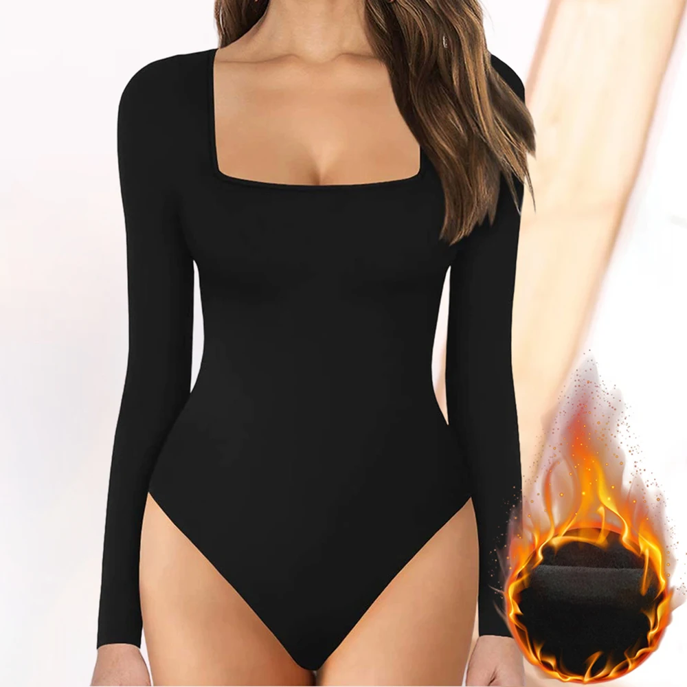 Ropa interior térmica para mujer, mono ajustado de manga larga con cuello cuadrado, mono cálido adelgazante con forro polar para clima frío