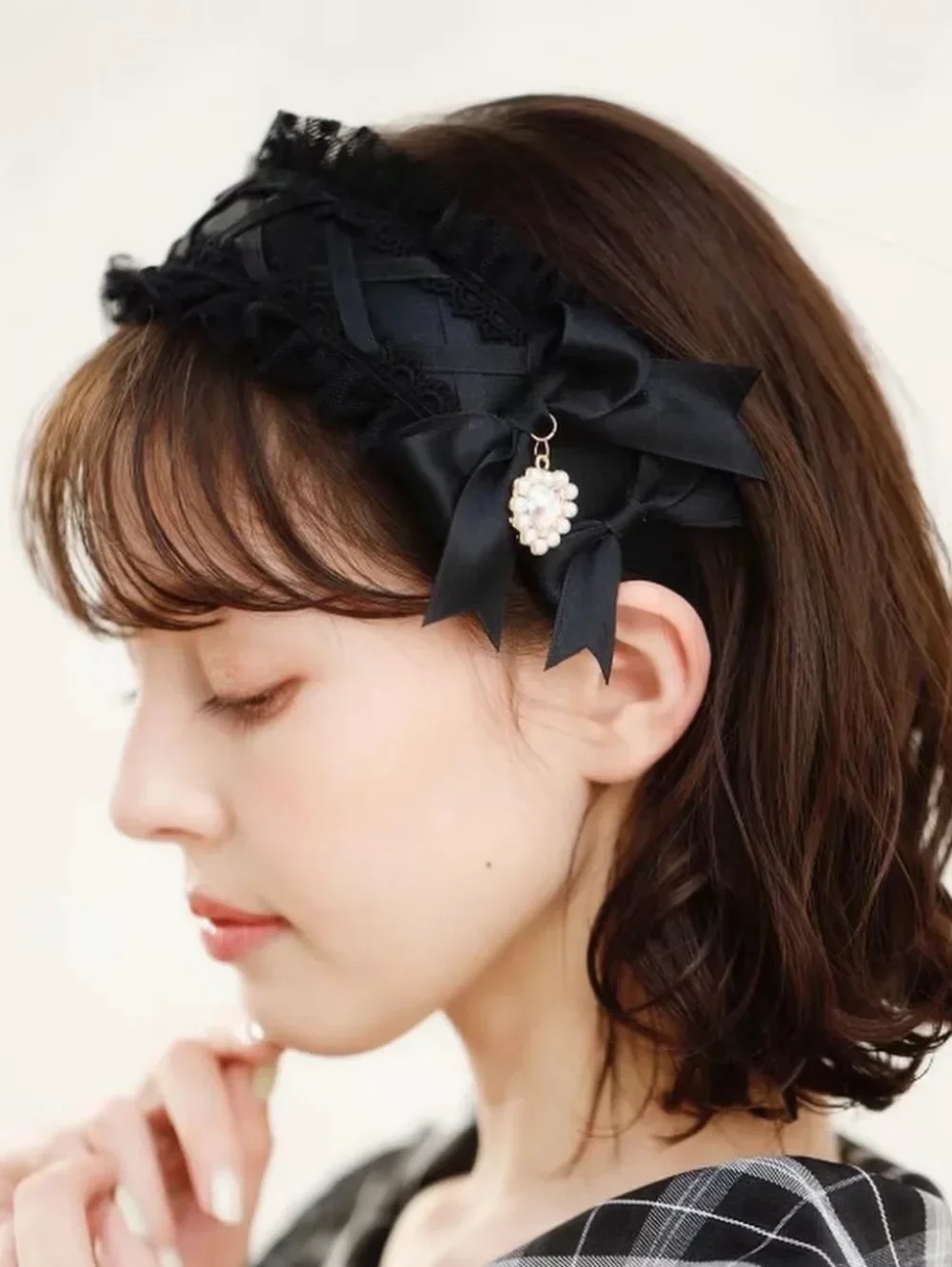 Japanese Lolita Headwear Lace Cross Bow Heart Shape Rhinestone Pendant Headband Hair Accessories for Girls Hair Bow Hairband