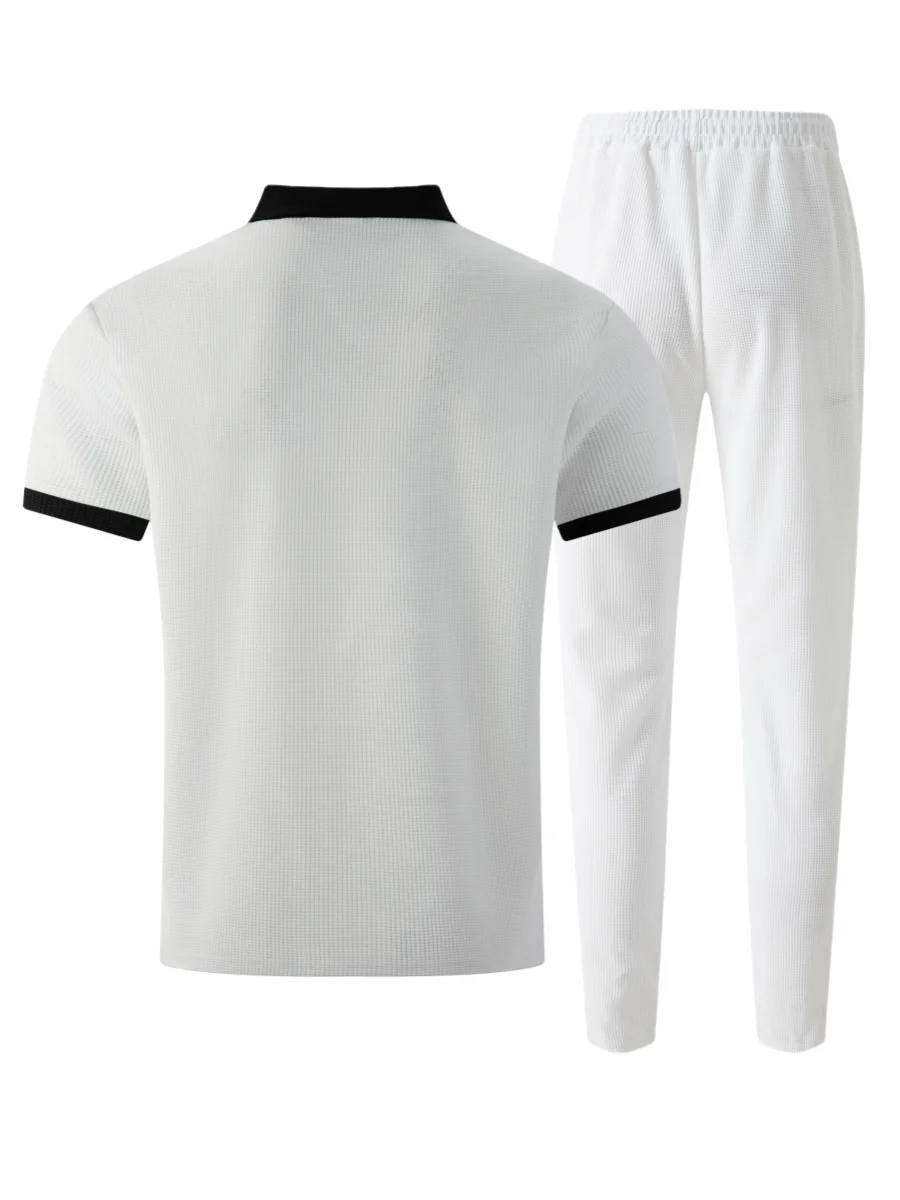 Men's Waffle Knit Tracksuit 2 Piece Set, Half-Zip Contrast Collar Short Sleeve Polo Shirt & Elastic Drawstring Waist Long Pants