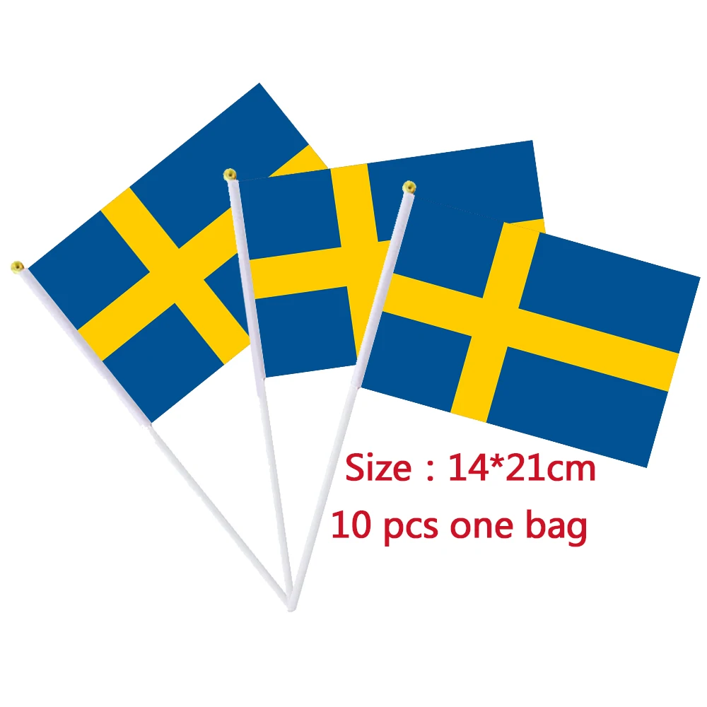 Flagnshow 100% Polyester 10 Pcs 14*21cm Sweden Hand Waving Flags