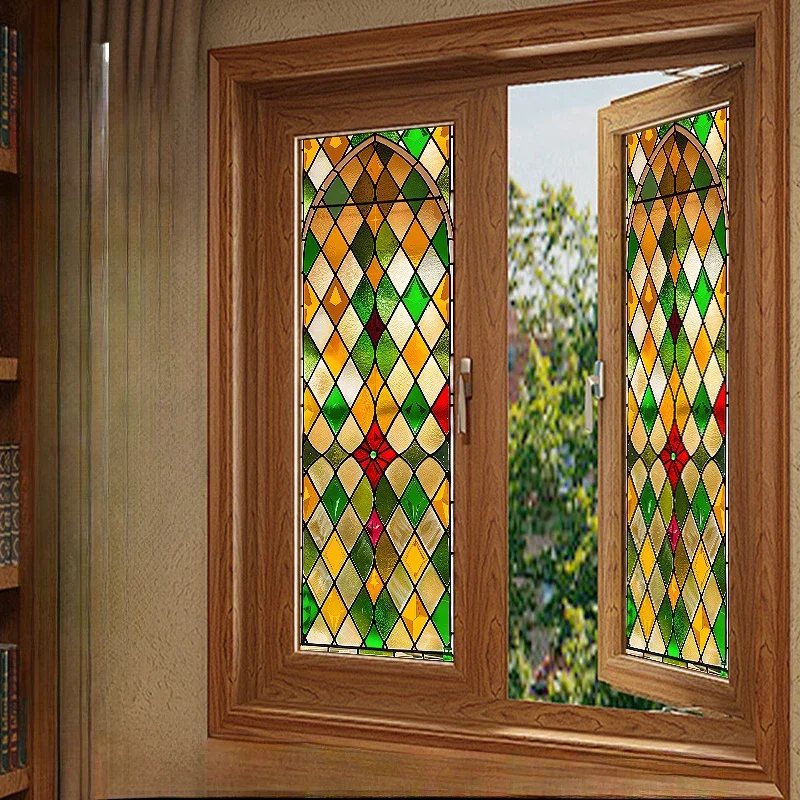 Glue-Free Static Cling Glass Door Sticker Privacy Window Frosted Film Color Lattice Pattern Anti UV Stained Glass Window Film