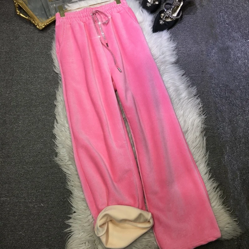 Color Rhinestone Heavy Sweatpants Women Thicken Velvet Elastic High Waist Wide Legs Hoodie Fall Winter Loose Slim Pants