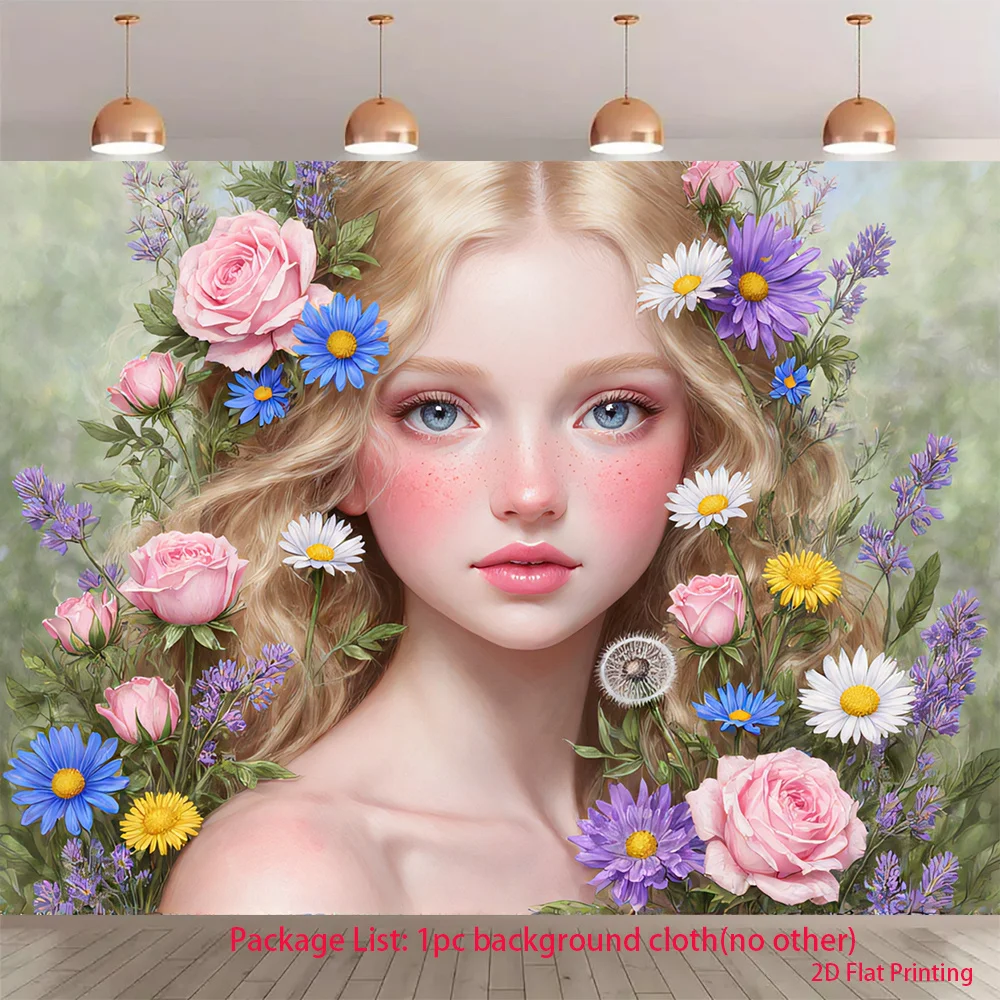 Floral Girl Tapestry, Blonde Woman with Roses Daisies Wall Hanging for Bedroom Living Room Decor, Boho Aesthetic Art Gift