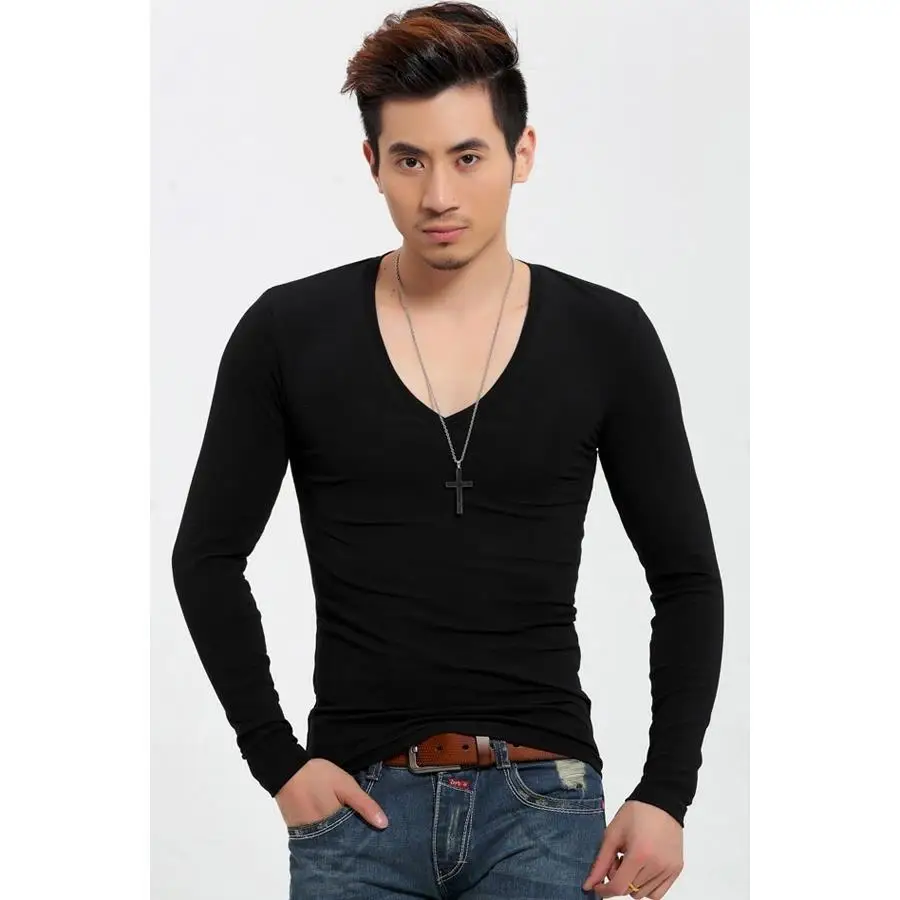 Fashionable 2023 oversize Luxury Men\'s Long Sleeve T-Shirt with V-Neck and High stretch  Slim Fit Golf Lycra Fabric top