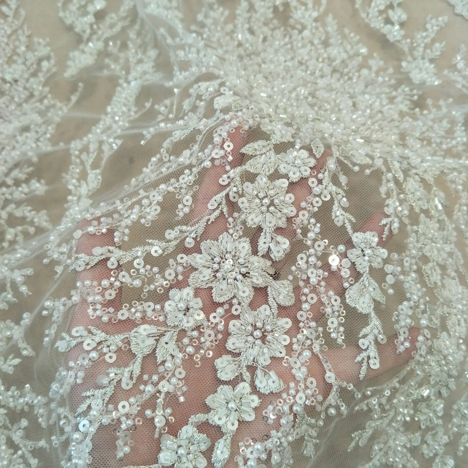 fashion silver beading lace fabric 130cm width dress lace fabric sequins lace fabric sell by yard