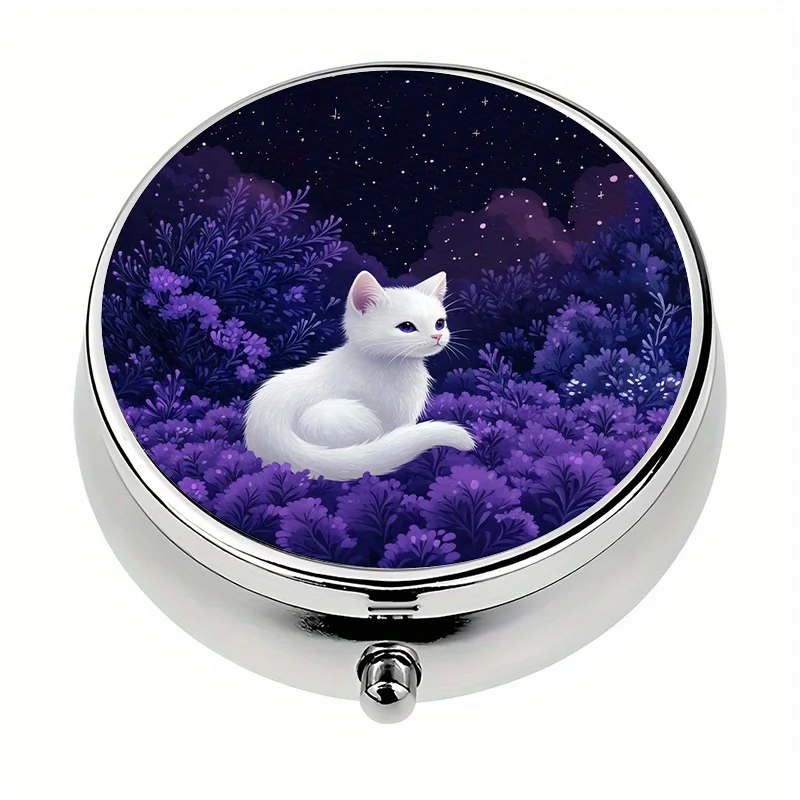 1 starry night kitten-themed storage box with 3 compartments, organizer box, decorative vitamin storage bag or wallet, flat print