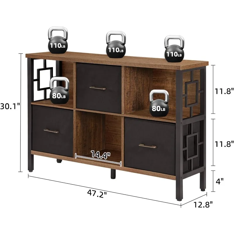 HOMISSUE 6 Cube Storage Organizer Shelf,Rustic Bookshelf with 3 Storage Bin,Industrial Horizontal Bookshelf w/ Metal Frame,Brown