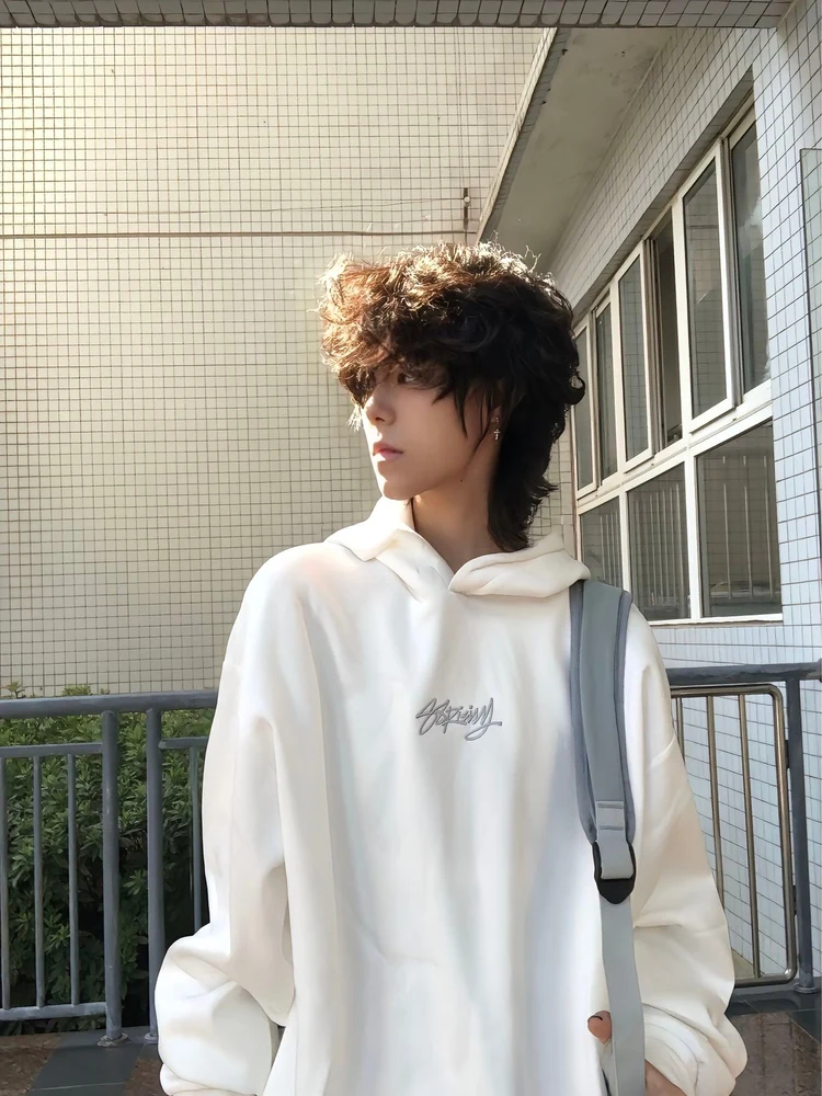 

Белая толстовка с вышитыми буквами, утепленная, мужская, осенняя, в американском стиле, для молодежи, парная, дышащая