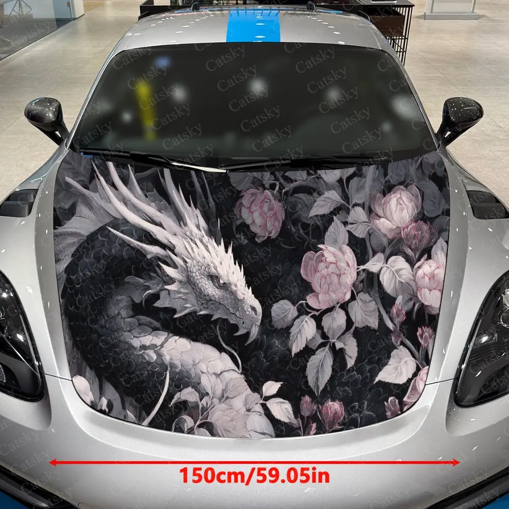 Silver Dragon & White Rose Cluster Car Vinyl Wrap, PVC Waterproof Car Hood Sticker, Self-Adhesive Scratch-Resistant Stickers