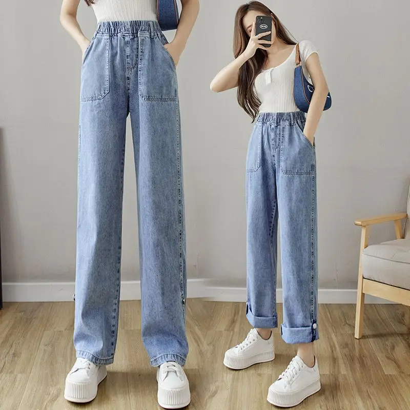 

Jeans Hight Waist Women Mom Fashion Elastic Waist Denim Pants Straight Leg Loose Streetwear Summer Style Baggy Trousers Q298