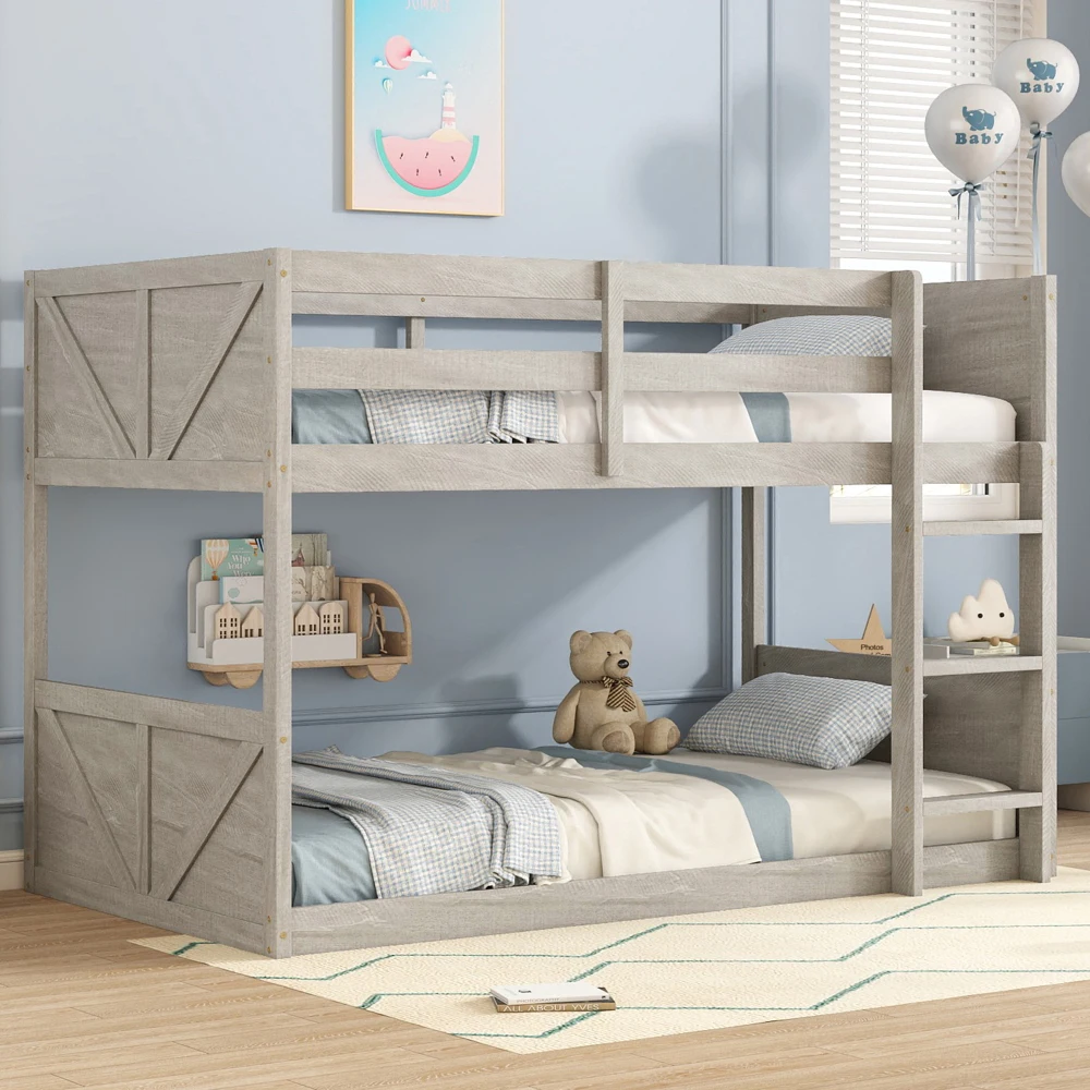 

Twin over Twin Floor Bunk Bed:Panelled Head/Footboard, Solid Wood, Safety Rails, Ladder, Antique White