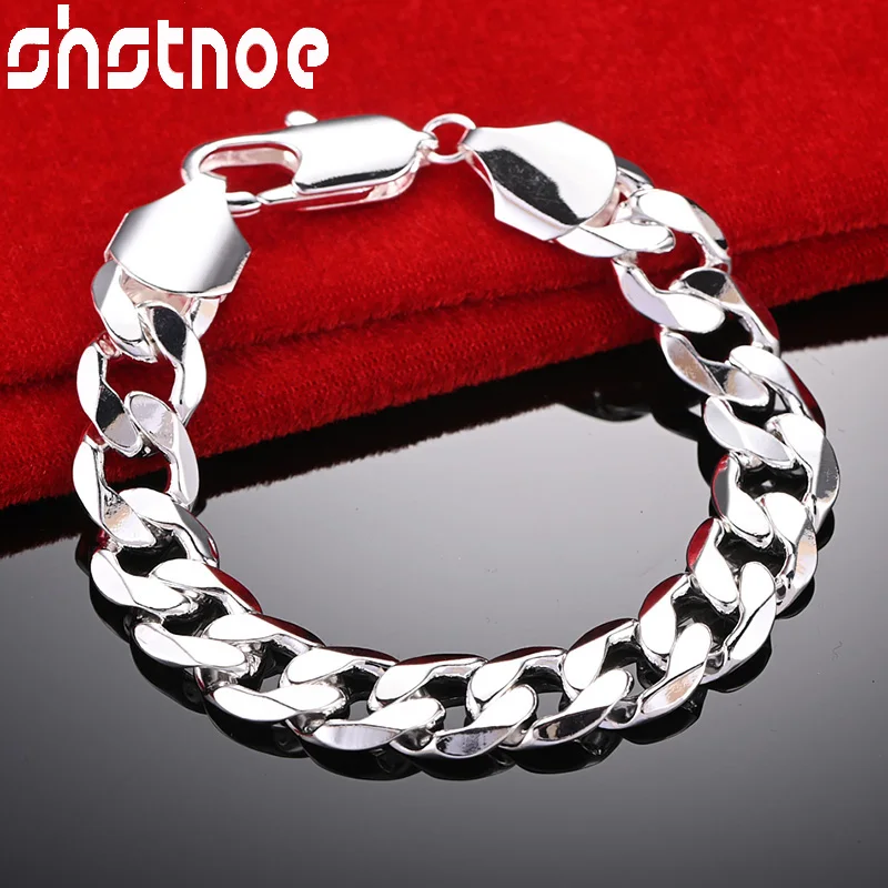 SHSTONE-Pulseras cubanas de Plata de Ley 925 para hombre y mujer, cadena de 12mm, accesorios de boda, regalo de fiesta de cumpleaños, joyería de moda