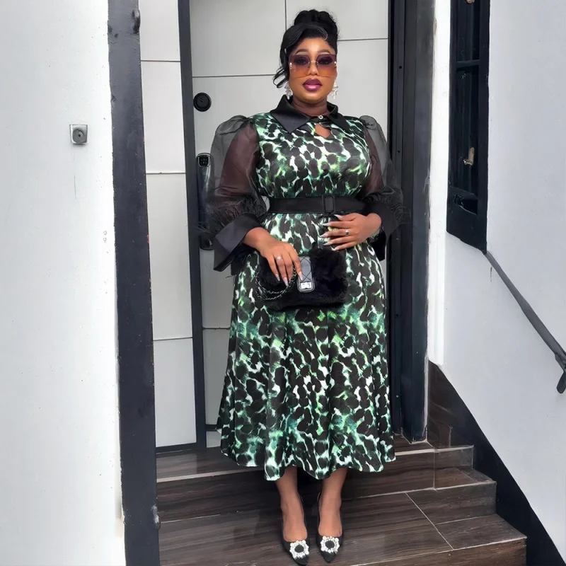 2026 New African Women's Plus Size Traditional Clothing Luxury Abayas Robe Muslim Sleeve Black Feather Collar Printed Dress