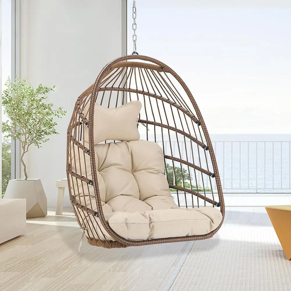 Durable 350 lbs Rattan Hanging Egg Chair with Cushion, Weather-Resistant, Suitable for Outdoor or Indoor Use, Brown Tan