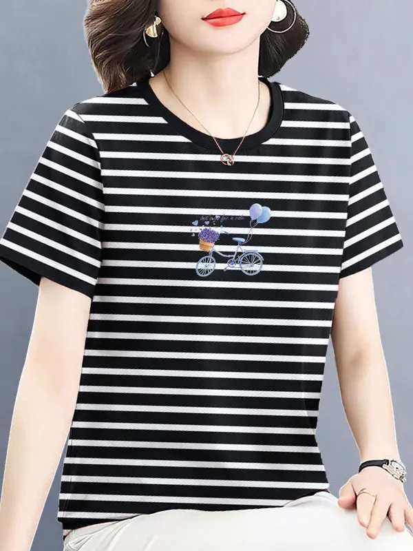 Camiseta de manga corta a rayas para mujer de talla grande, corte holgado, top adelgazante de verano, camisa estilo mamá de m...