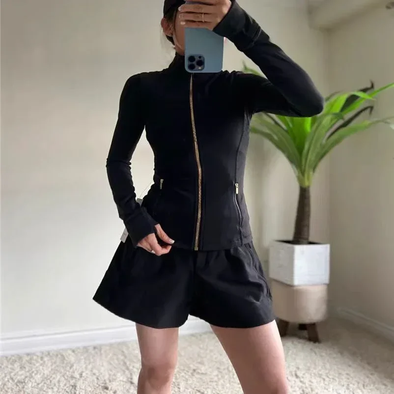 

Lemon Women Defines Long Sleeve Sports Jacket With Pockets High Elastic Fitness Yoga Running Zip Up Jackets Workout Coat Top