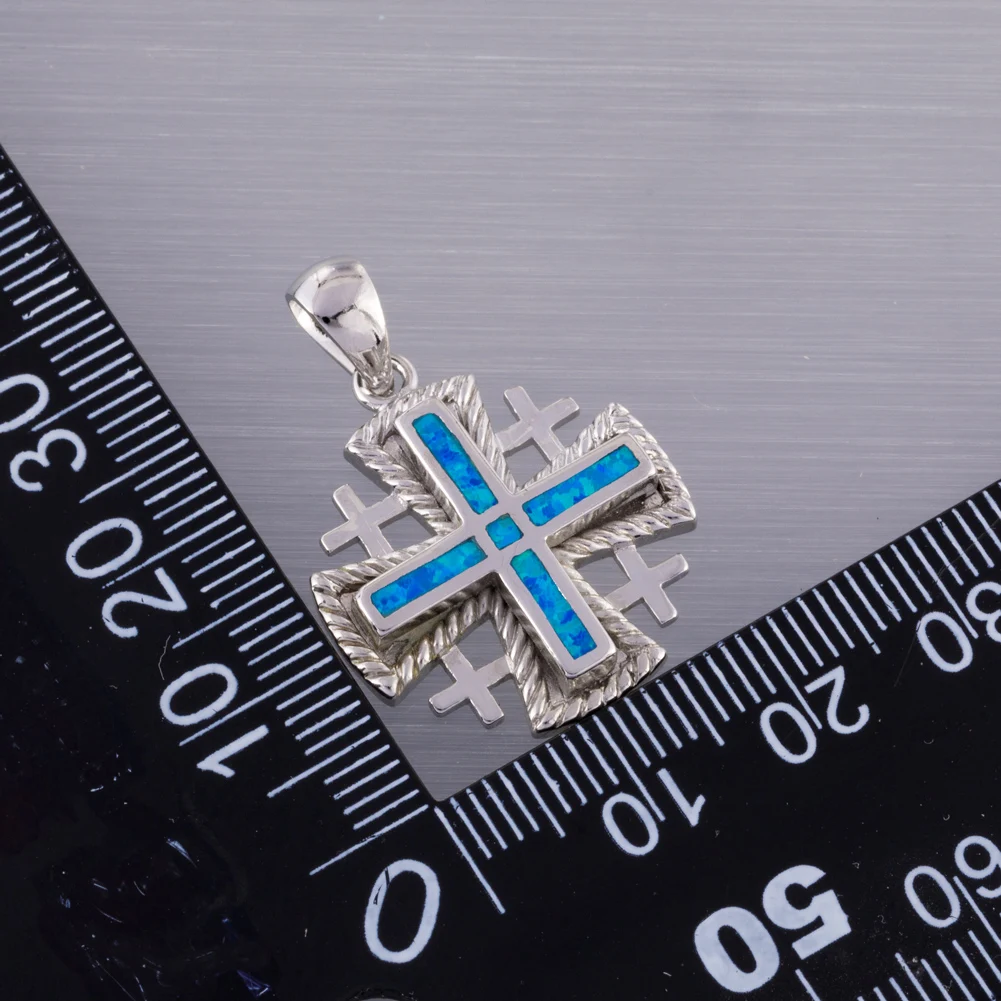 KONGMOON Jerusalem Cross Ocean Blue Fire Opal Jewelry for Women 3D Pendant for Necklace