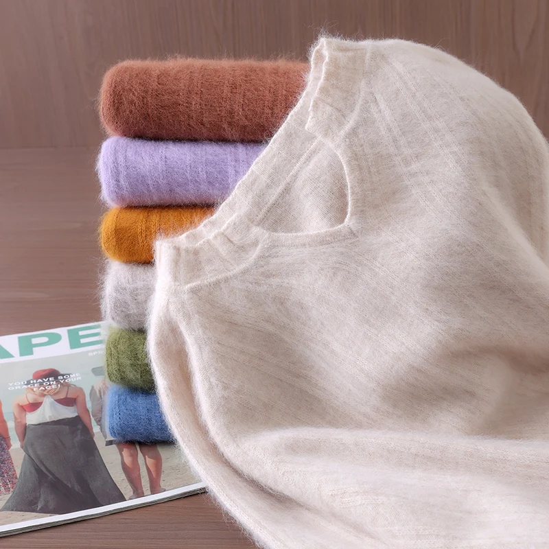 خريف/شتاء جديد المنك سترة الكشمير المعنقة الإناث الخامس الرقبة مع الصوف الصلب محبوك قاع قميص فضفاض