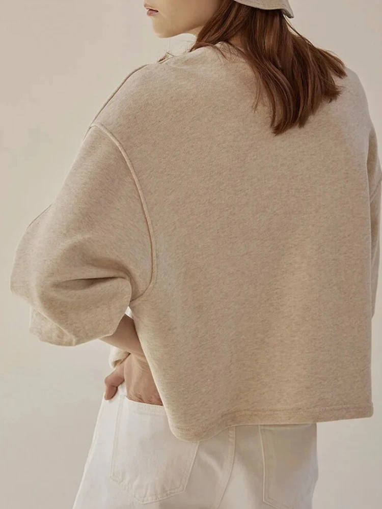 Women\'s Autumn Winter 100% Cotton Sweatshirt Loose Short Lantern Sleeve Spliced Pure Cotton French Casual Pullover Tops