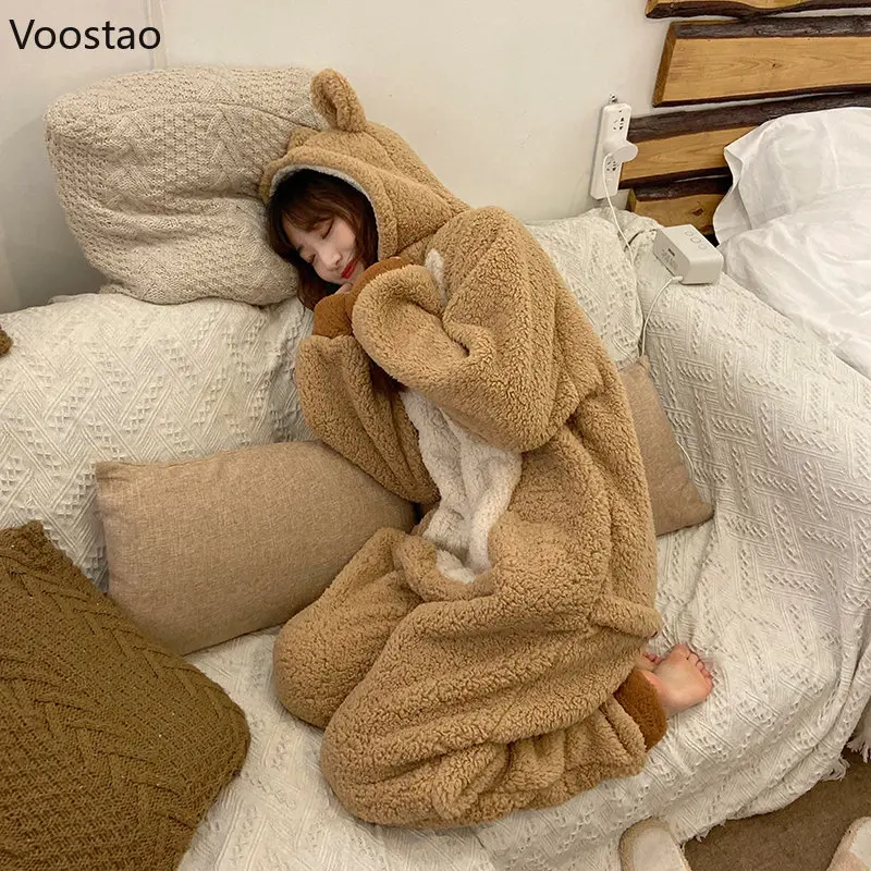 Cartoon Bear Ears Hooded Onesies Women Warm Cute Pajamas Autumn Winter Kawaii Female Nightwear Jumpsuit Coral Fleece Homewear