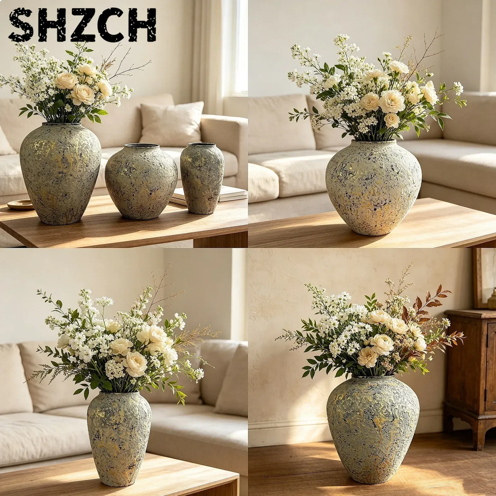 Wabi-Sabi Vintage Imitation Terracotta Planter Gold Iron Large Vase Hotel Decor Rustic Flower Vessel
