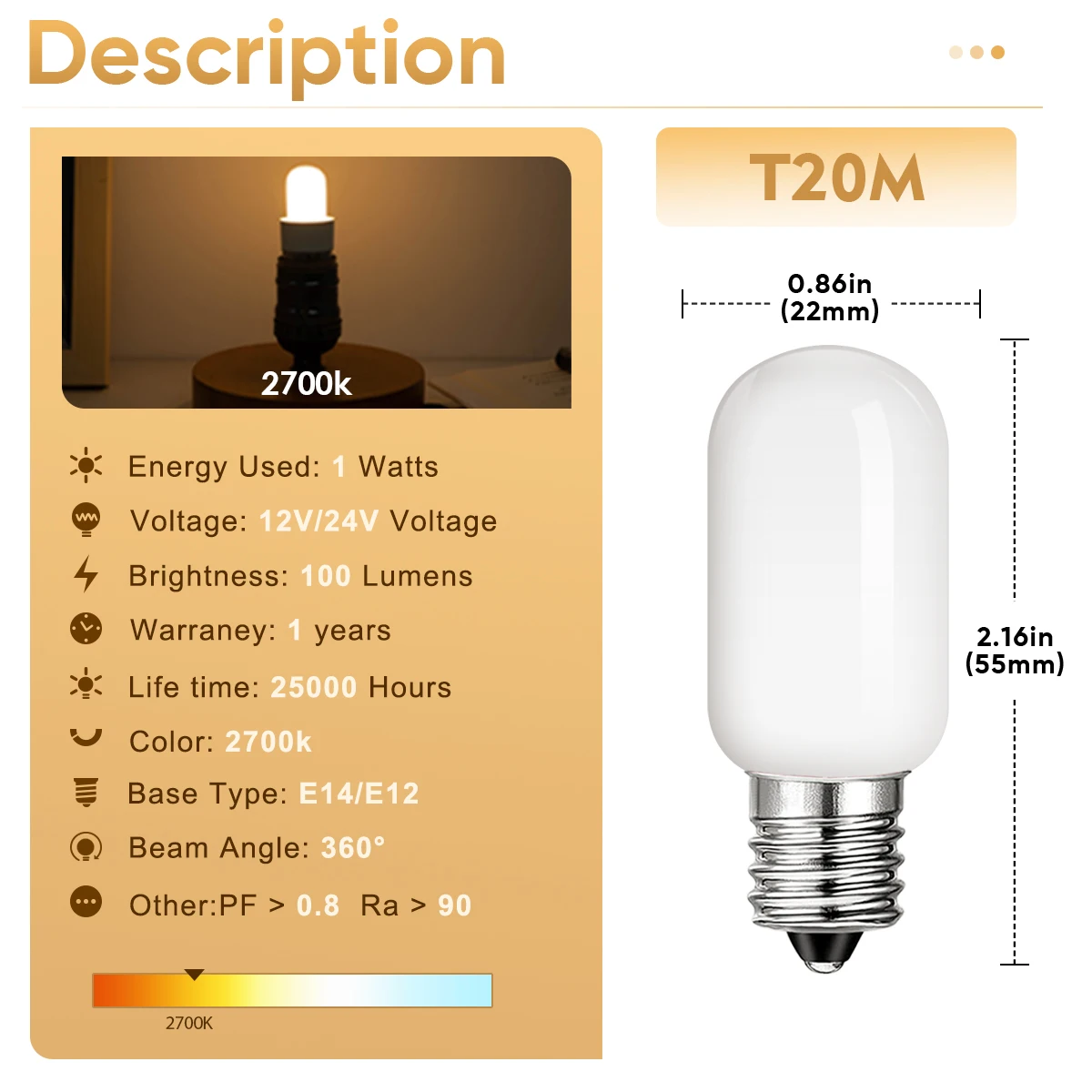 Bombilla Led reemplazable T20, 12V, 24V, 1W, blanco lechoso, Wam, blanco, Mini tubo, Retro Vintage lámpara de sal, lámparas de filamento, decoración de Navidad