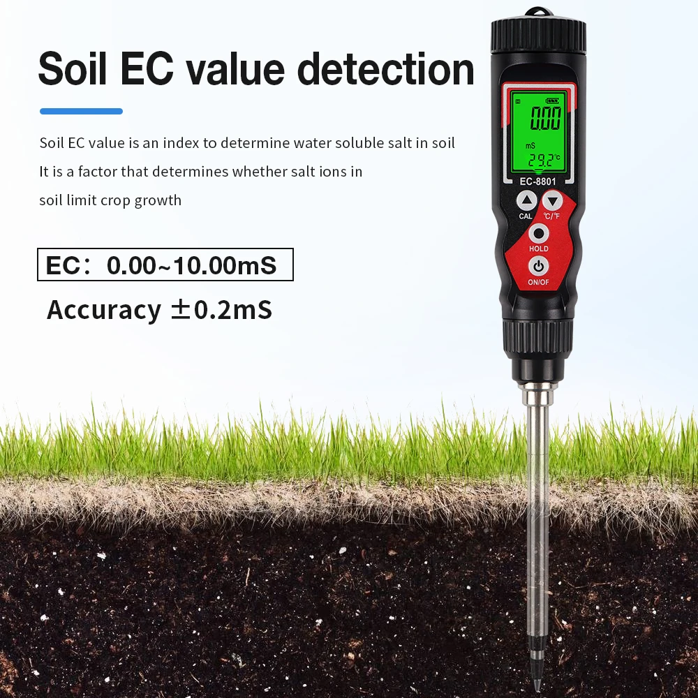 New Portable Soil EC Tester Backlight Digital EC/TEMP 2 In 1 Soil Detector ATC Soil EC Analyzer for Garden Farm Greenhouse