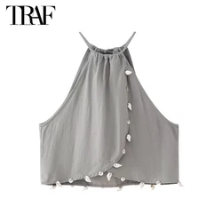 TRAF 2024 Ruched Crop Top Women off Shoulder Camis Tops for Women Summer Beach Casual Top Woman Thin Straps Holiday Top Female