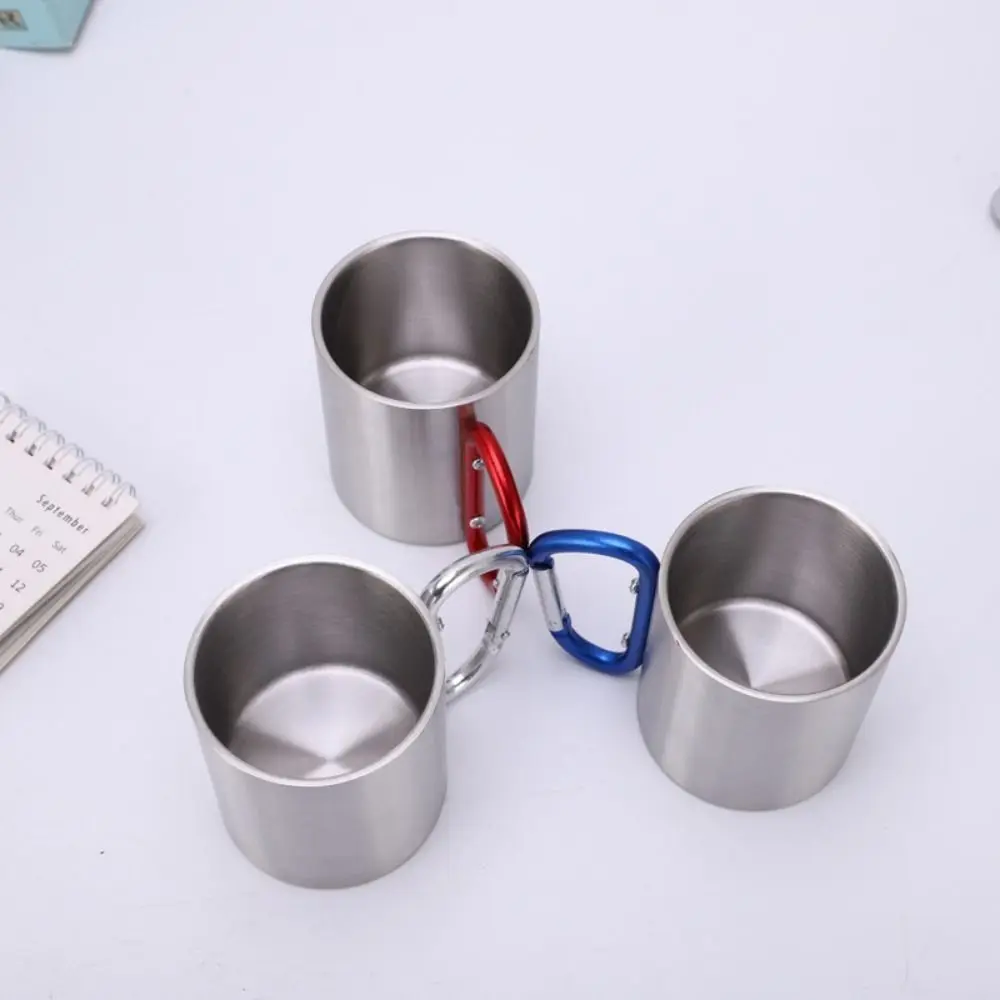 Convenient Stainless Steel Outdoor Camping Cup 220ml Portable Sports Cup with Carabiner Handle Reusable Tea Cup Home