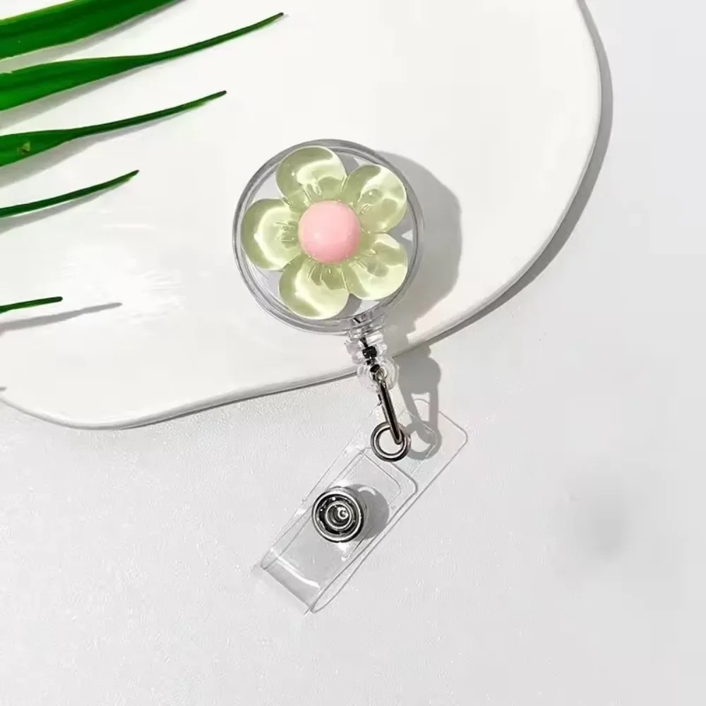 Cute Floral Badge Reel Transparent Doctore Nurse Worker ID Card Pull Buckle Retractable Durable ID Card Badge Holder Clip