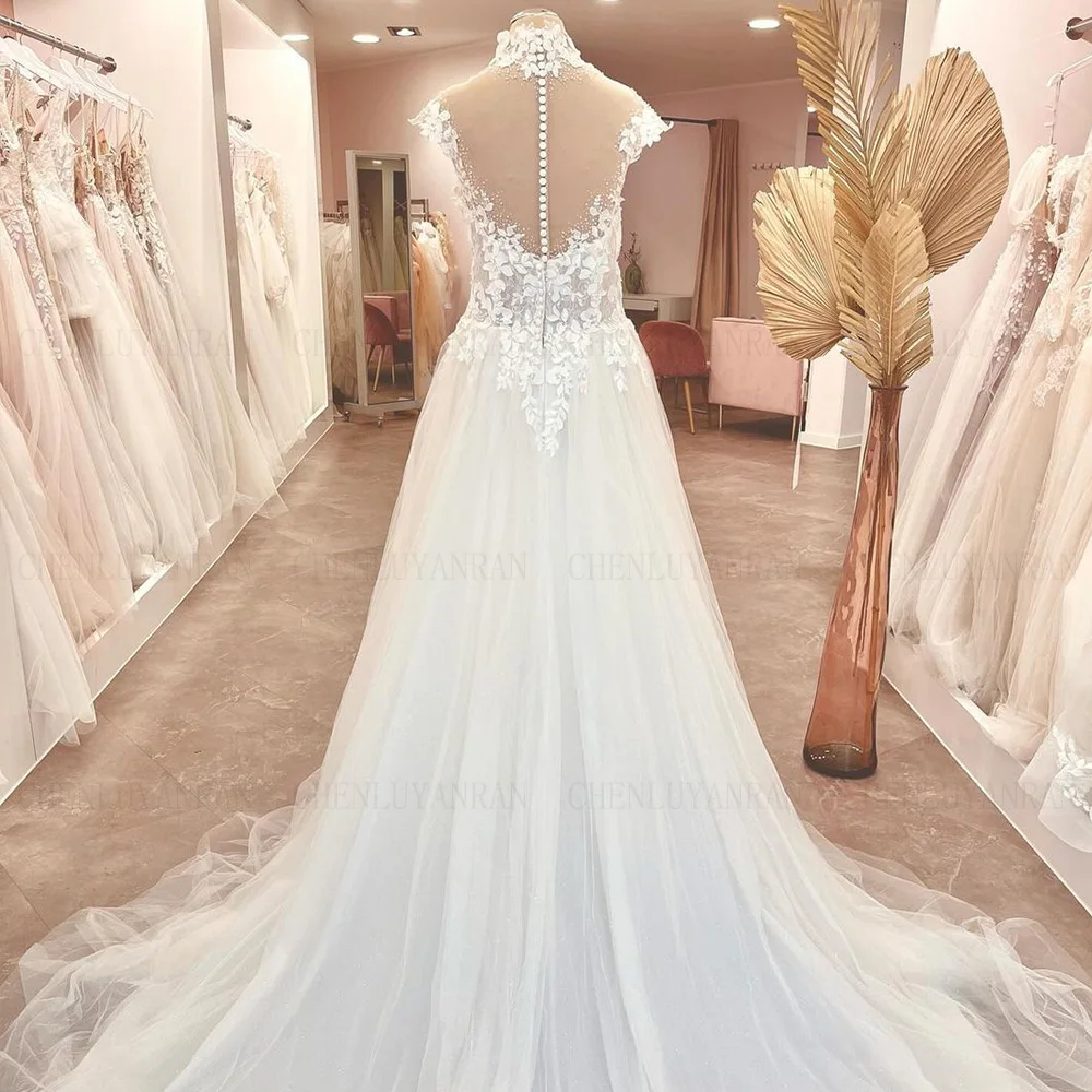 Boho Applique Wedding Dresses Beading High Neck Long Bride Dress Sweep Train Tulle Sexy Dress For Women 2024 Robe De Mariée