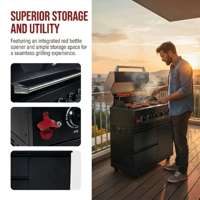 Modern Premium Stainless Steel 6 Burner Grill with Electric Rotisserie Forks and Storage Cabinet