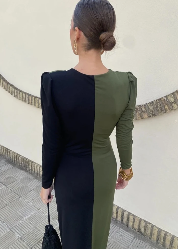 Vestidos femininos com decote em V manga comprida patchwork bodycon vestido maxi com fenda frontal e bloqueio de cores