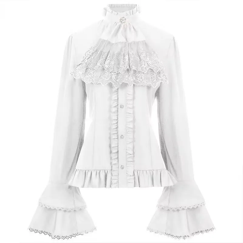 Japanese Elegant Vintage Shirt Long Sleeve Women Steampunk Victorian Blouse Ruffle Lace Stand-Up Y2k Tops Gothic Pirate Shirt