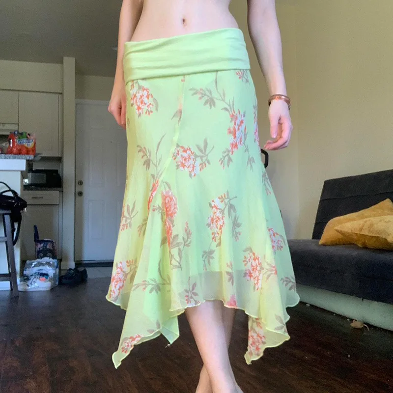 

Zeyla Bohemian Floral Skirt 2025 Summer Wrap Waist Mesh Maxi Low Waist Asymmetrical Flowy A-line Vacation Skirt