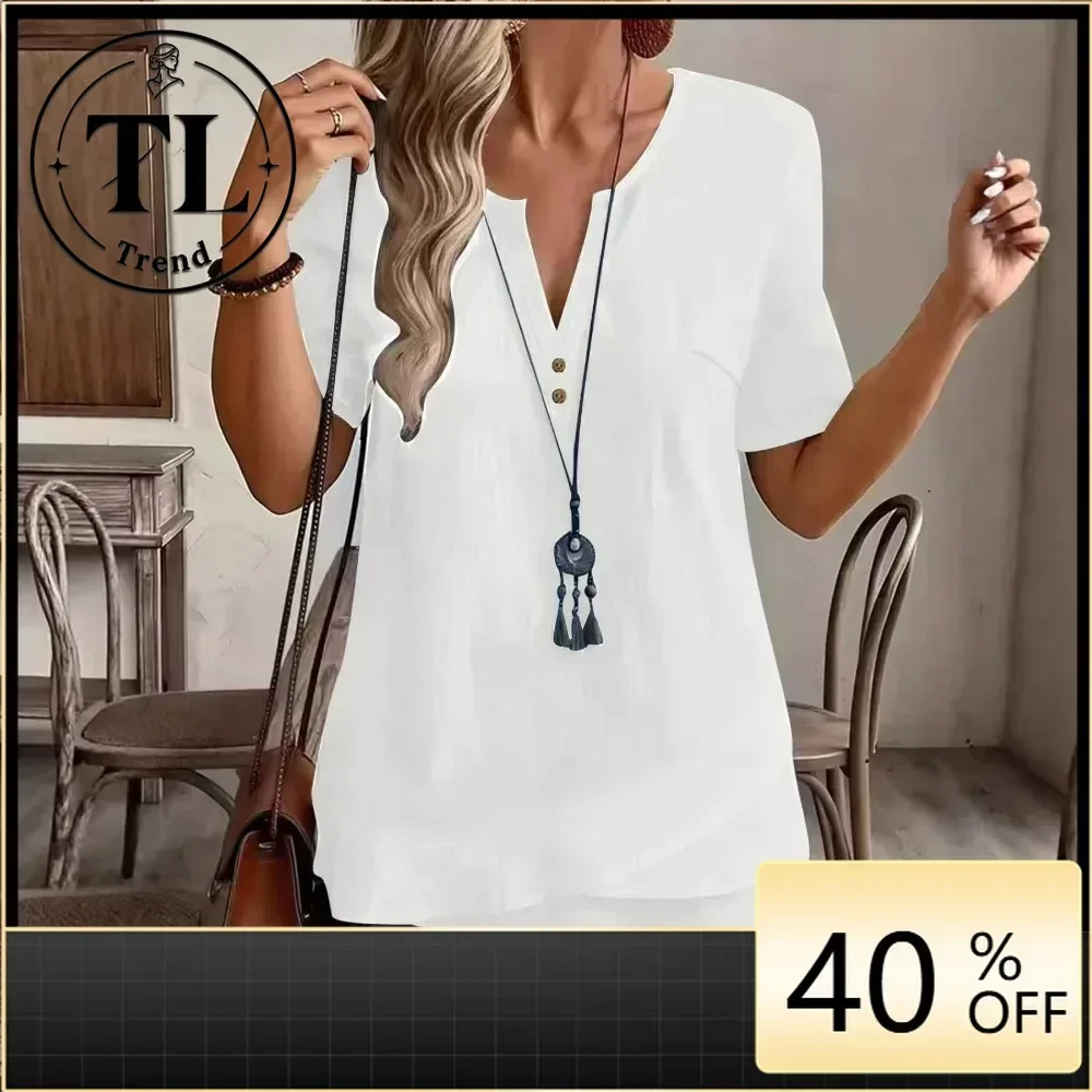 Women Solid Cotton Linen Blouse Summer New Short Sleeve Button Front Loose Lightweight Casual Soft Breathable Flattering Comfy