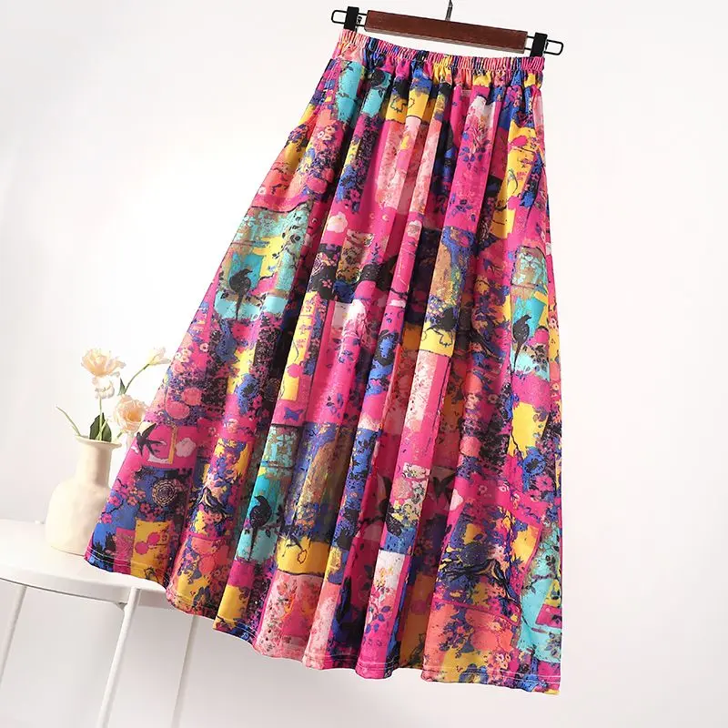 Personality  Skinny meat-covering ethnic style printing long skirt Versatile hip-covering belly swinging A-shaped skirt