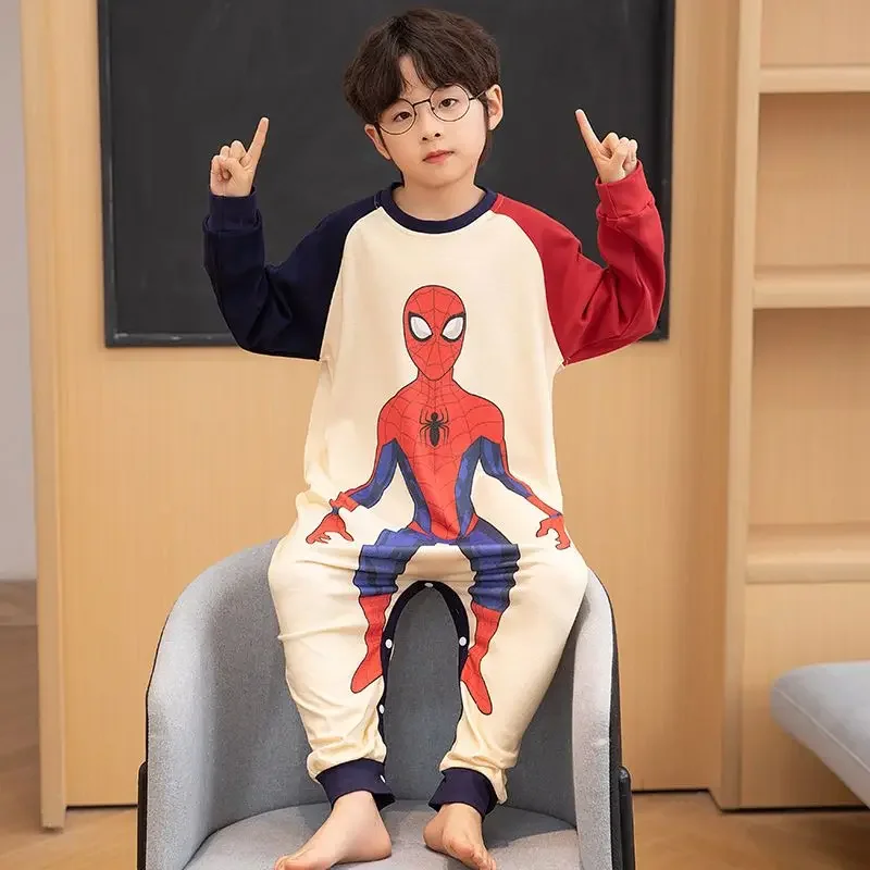 Marvel Spiderman boys cartoon one-piece pajamas children's Iron Man pure cotton long-sleeved home clothes holiday gift creative