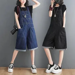 Summer Denim Straps Shorts Jeans Overalls Women Korean Wide Leg Jumpsuits Female Suspender Rompers Casual Conjoined Fifth Pants