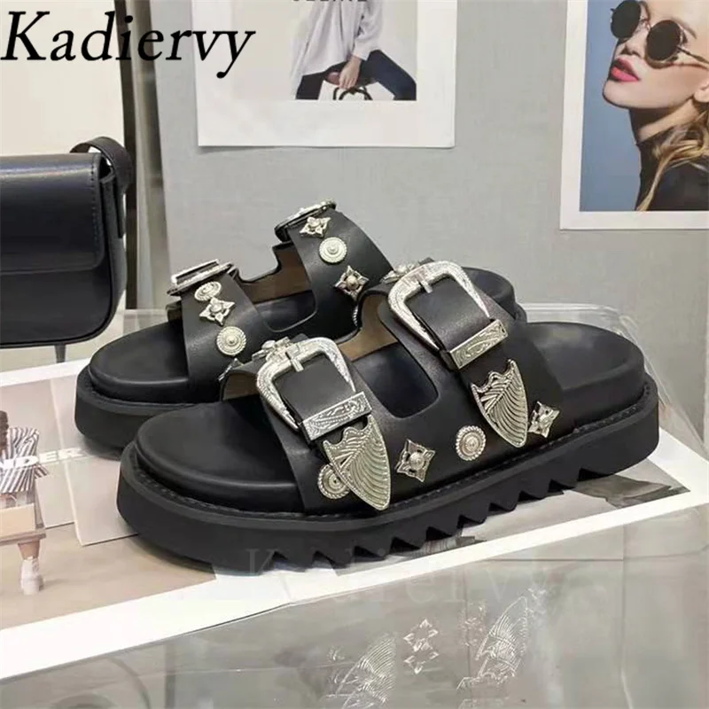 Black White Thick Sole Slippers Women Genuine Leather Metal Rivets Flat Mules Shoes Woman Summer Slides Modern Slippers Woman