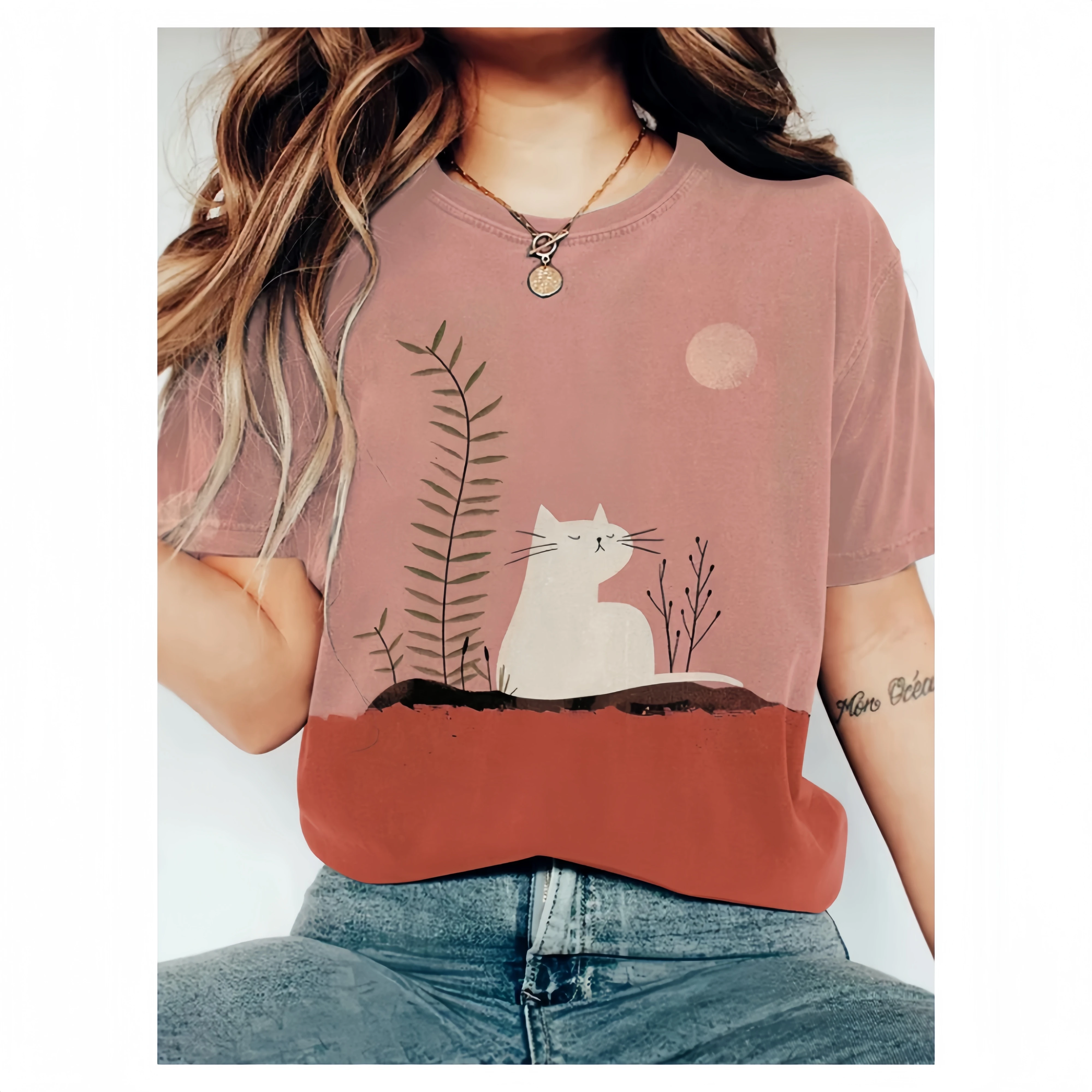 Women O Neck Short Sleeved T-Shirt Abstract Creative Cute Cat Basking In The Sunset